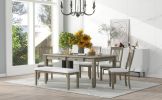 TREXM 6-Piece Retro 72'L Rectangular Dining Table Set with 4 Drawers, 4 Upholstered Chairs & 1 Bench for Dining Room (Grey)