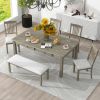 TREXM 6-Piece Retro 72'L Rectangular Dining Table Set with 4 Drawers, 4 Upholstered Chairs & 1 Bench for Dining Room (Grey)