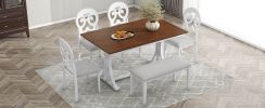 TOPMAX Mid-Century 6-Piece Trestle Table Set with Victorian Round Upholstered Dining Chairs and Long Bench, Cherry+Antique White